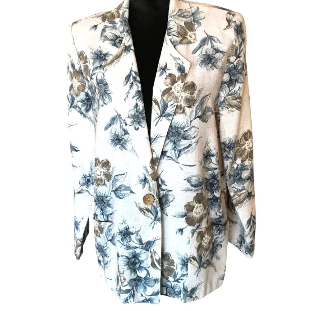 Lisa Josephs Vintage Woven Jacket 80s Blazer, Cream Blue Green Floral Women Sz S